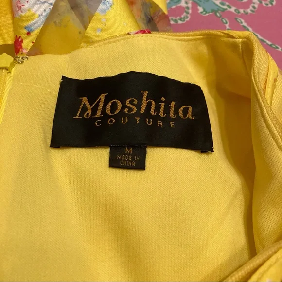 Moshita Couture yellow bird printed Dress with matching jacket size medium - Picture 3 of 10